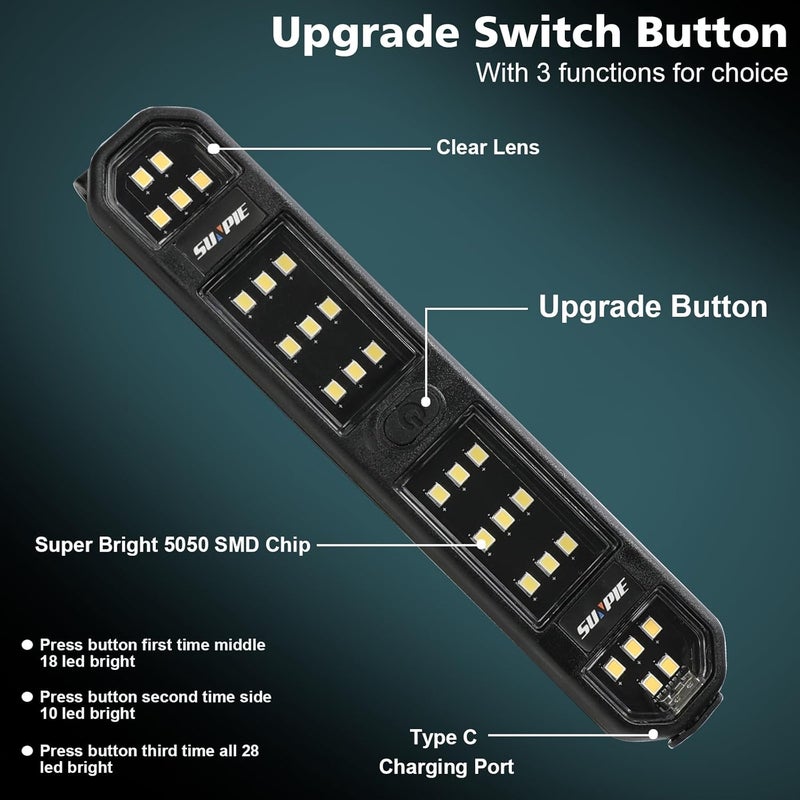 SUNPIE Interior LED Dome Lights with Magnetic for Car, Rear Trunk LED Roll Bar Lights Compatible with Jeep Wrangler, Truck, Tractor, ATV, UTV, SXS; Rechargeable Interior Lighting for Cars 4 Packs - Image 4
